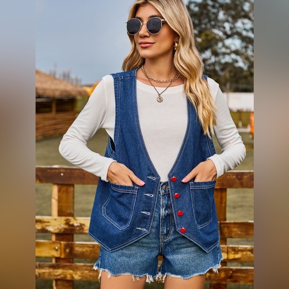 Pocketed Button Up Sleeveless Denim Jacket - Picture 5 of 6